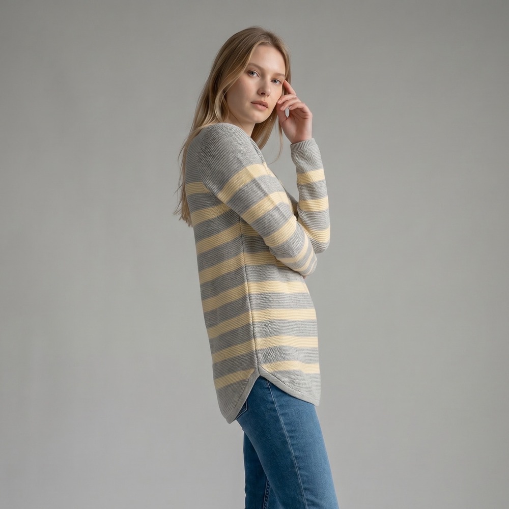 J.Jill Striped Tunic Sweater Grey Butter Yellow Cotton Blend XS Curved Hem NWOT